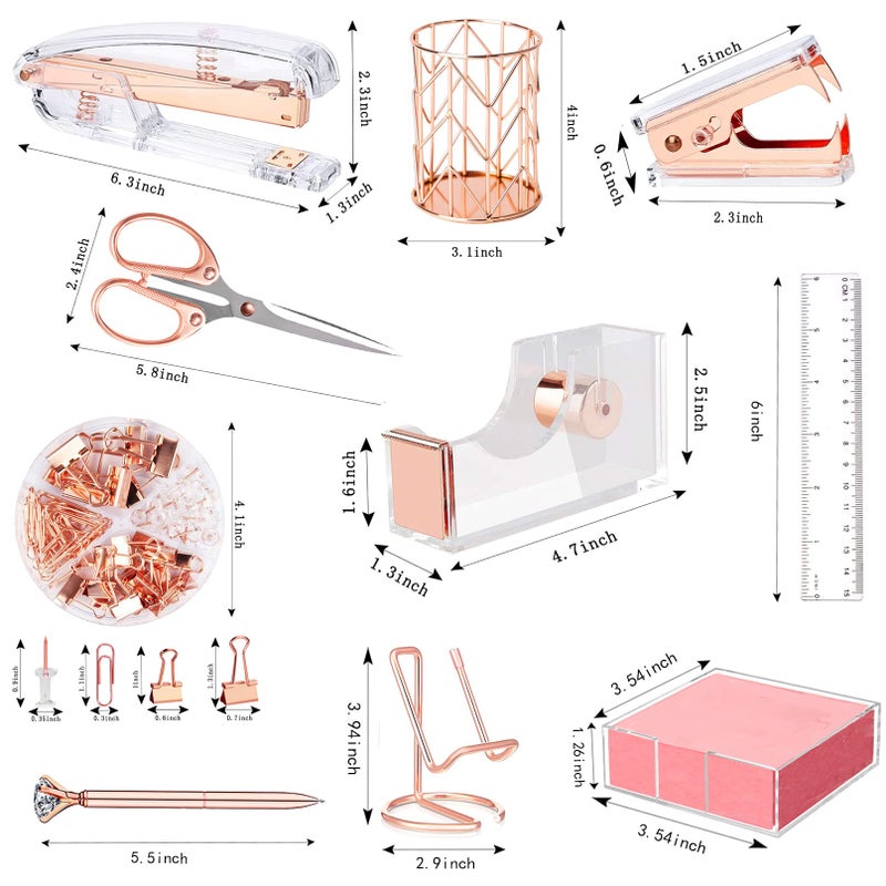 Famassi Rose Gold Office Supplies and Accessories  Acrylic Stapler  Staple Remover  Tape Holder  Ballpoint Pen  Scissor  Binder Clips  Staples  Phone Holder  Ruler  Transparent Glue and 300 Notes - Image 2